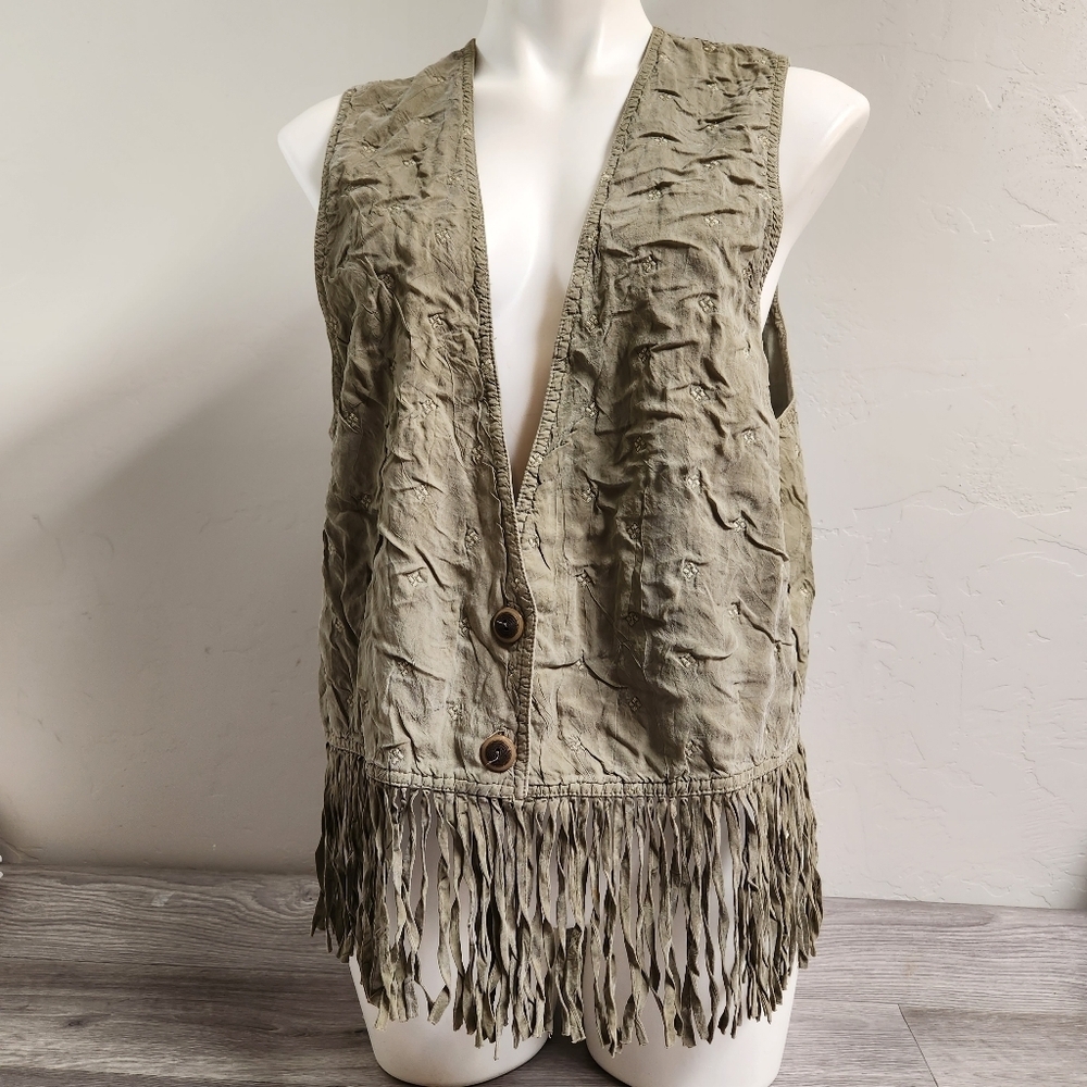 Action Wear Sage Green Vest L Vintage Quilt Pattern Fringe Embroidered Crushed‎